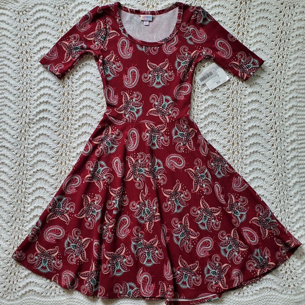 NWT LuLaRoe Nicole Burgundy Paisley Dress XS